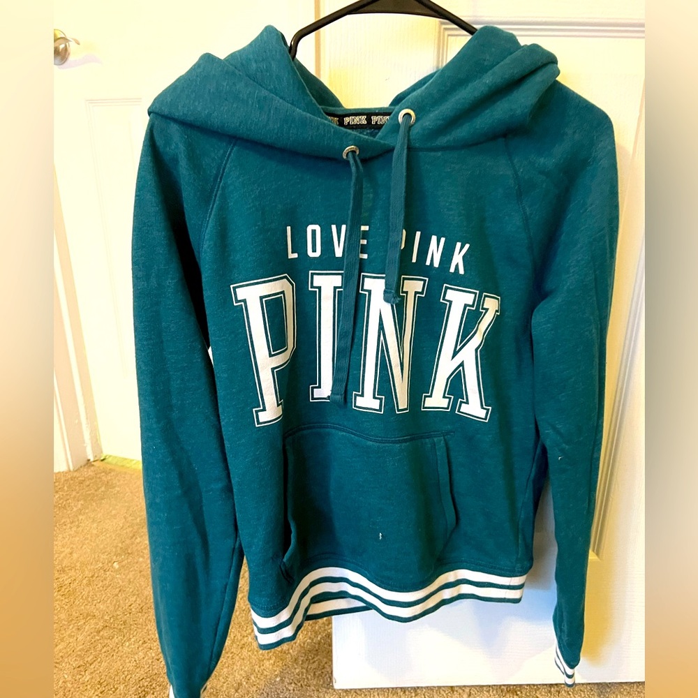 VS Pink Green Love Pink Hoodie with White Stripes: In Great Condition. Size:M